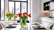 © anmitsu - A luxurious interior design that combines a white kitchen, a dining room with windows, and a living room into one space, with a vase of tulips on the table and a spring atmosphere.