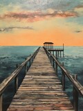 Fototapeta Pomosty - Vintage Seaside Piers Handmade Landscape Painting - Pier Craft: A Captivating Original Dock Art