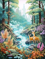 Wall Mural - Whimsical Woodland Creatures: Stream and Brook Art in Morning Mist