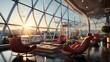 Modern VIP airport lounge with comfortable wide chairs and large observation windows.