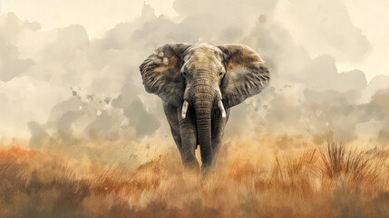 the elephant is located in the middle of the picture , watercolor style