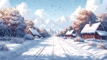 Rural Life With Winter Background With Cartoon Illustration. Seamless Looping 4k Time-lapse Virtual Video Animation Background