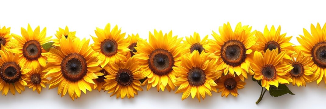  Panorama Sunflower Flowers On White Background, Banner Image For Website, Background, Desktop Wallpaper