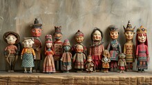 Group Of Wooden Dolls Sitting Together