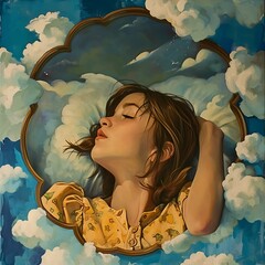 Wall Mural - International Woman day, Cute girl illustration, clouds, colorful, 8th march poster card