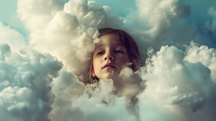 Wall Mural - International Woman day, Cute girl illustration, clouds, colorful, 8th march poster card