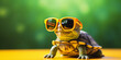 A cute little green turtle with glasses, A turtle wearing glasses and a pair of glasses is standing on a table, 