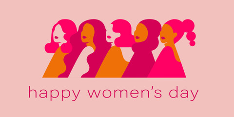 Wall Mural - Women's Day banner with silhouettes of girls in pink colors with greeting text. 8 march horizontal poster for Empowerment of females, friendship and supporting. Vector illustration