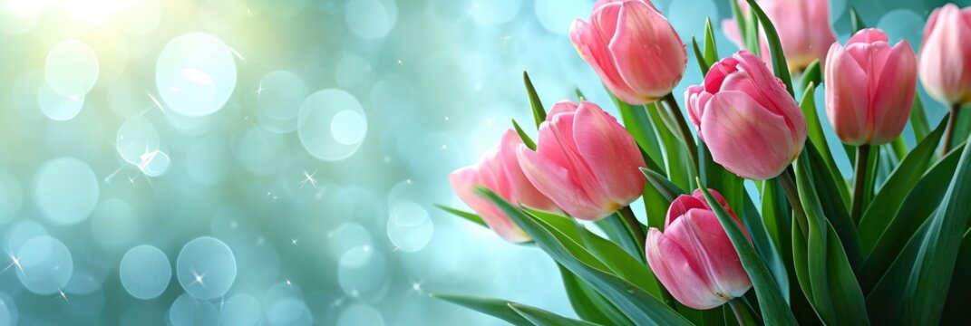  Spring Flowers Banner Bunch Pink Tulip, Banner Image For Website, Background, Desktop Wallpaper