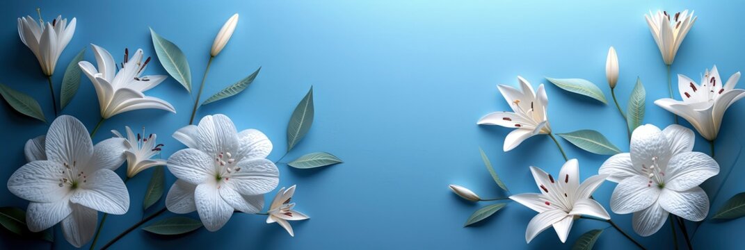  White Flowers On Blue Paper Background, Banner Image For Website, Background, Desktop Wallpaper
