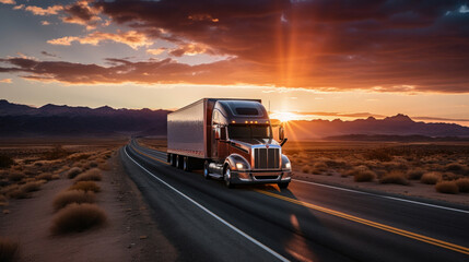 A transport semi-truck effortlessly crossing the expansive terrain of the southwest United States, a representation of logistics, freight, and delivery.