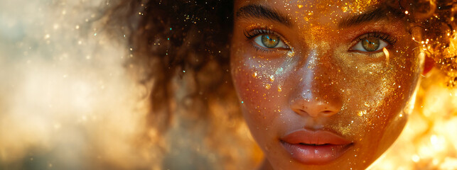 Wall Mural - a beautiful black woman portrait gold hydrating serum molecules structure on the face, light backgro