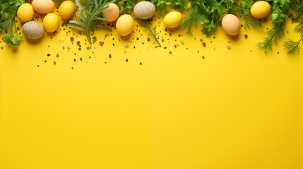 cress, colorful Easter eggs on a yellow paper background, Easter, space for text, top view