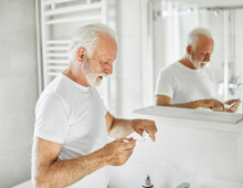 Man Tooth Bathroom Toothbrush Hygiene Senior Morning Routine Brushing Toothpaste Care Dental Elderly Home Retirement Mouth Mirror Health Cleaning