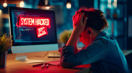 Cybersecurity Breach Reaction. Frustrated person at computer with 