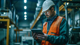 Fototapeta  - Focused Engineer Using Tablet in Manufacturing Plant. A concentrated male engineer in safety gear inspects production data on a tablet inside an industrial manufacturing facility.