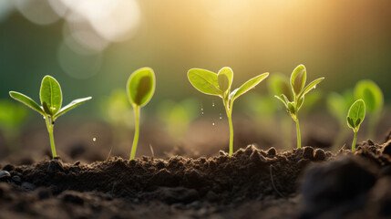 Agriculture plant seeding growing step concept. soybean growth in a field.