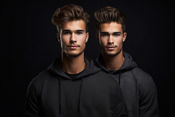 Portrait of two young men in sweatshirts on black background