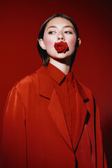 Sticker - Elegant Lady with Red Makeup and Bright Lips, Posing in a Black Dress on a White Background