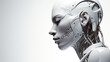 female cyborg robot on white background, female portrait head, girl, fictional abstract character