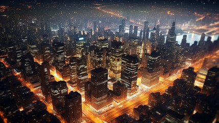 Wall Mural - night panorama of the city of skyscrapers and traffic flows, a glowing night of lights in the metropolis