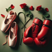 Ballet Shoes, Boxing Glovesand Roses On A Pastel Background