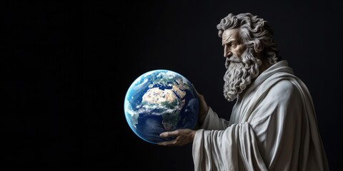 sculpture of an astronomer with the planet earth in his hands on a black background. earth day conce