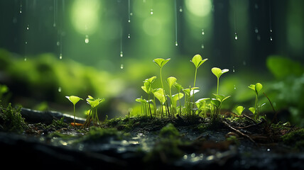 green forest, dew drops and wet rain on young leaves and shoots in the depths of the green forest of the wild