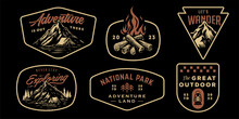 Hipster Mountain Rustic Badge Design For T-shirt. Set Collection Of Vintage Adventure Badge. Camping Emblem Logo With Mountain Illustration In Retro Style Isolated On Black Background