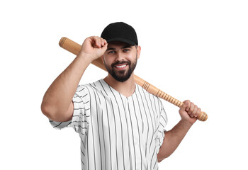 Wall Mural - Man in stylish black baseball cap holding bat on white background