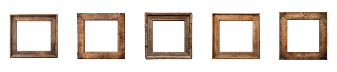 Wall Mural - Collection of old wooden square frame isolated on a transparent background