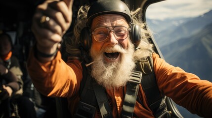 Elderly man with beard in pilot gear, excitedly gesturing, with airplane and mountains in the background.