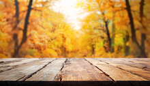 Wooden Table Top On Blur Dry Forest In Leaves Fall Autumn. Slowly Time Concept. Perspective View. For Montage Product Display Or Design Key Visual Layout. View Of Copy Space.