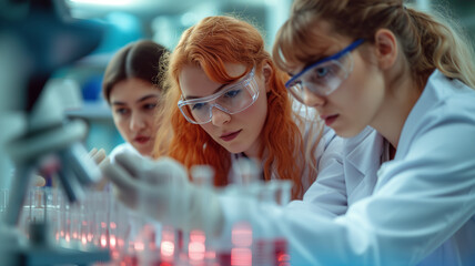 Wall Mural - scientific research. group of young female scientists working in the laboratory