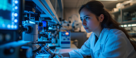 Wall Mural - scientist woman working in laboratory using microscope for research and development.