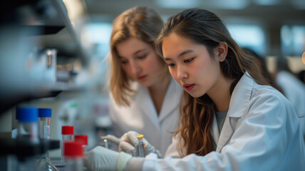 Wall Mural - group of scientists working in laboratory. young female scientist using microscope and test tube for