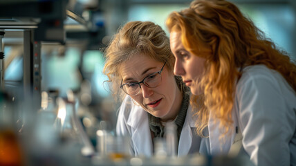 Wall Mural - Two female scientists working in a laboratory. They are looking at test tubes.