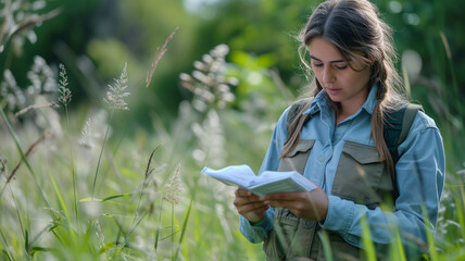 Wall Mural - young woman reading a book in a field. selective focus.