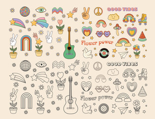 Funny cartoon peace, Love, rainbow, disco ball, sunglasses, mouth, guitar icon etc. Isolated vector illustration. Sticker pack in trendy retro cartoon style. Groovy 70s colored and black set.