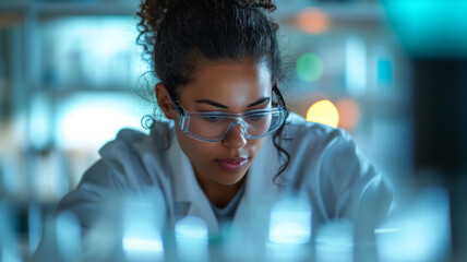 Wall Mural - african american female scientist looking at test tube in laboratory. science and technology concept