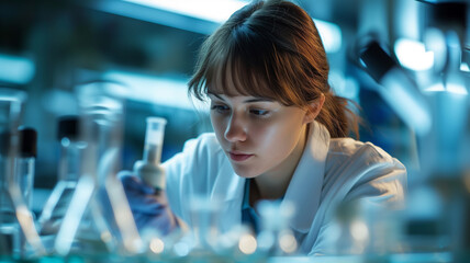 Wall Mural - young female researcher carrying out scientific research in a lab (shallow dof; color toned image)