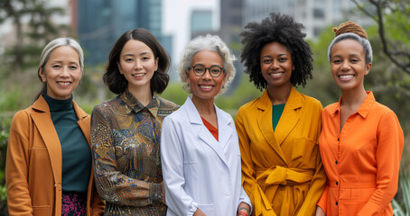 Group of women with different skin types. women standing in park