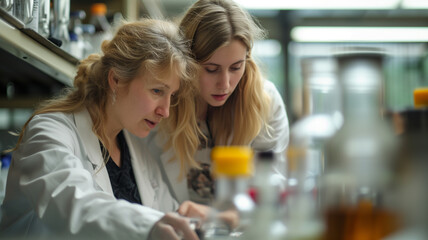 Wall Mural - two female scientists working in the laboratory. they are looking at a test tube with blood.