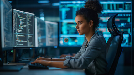 Wall Mural - side view of female programmer working on computer at night in dark office