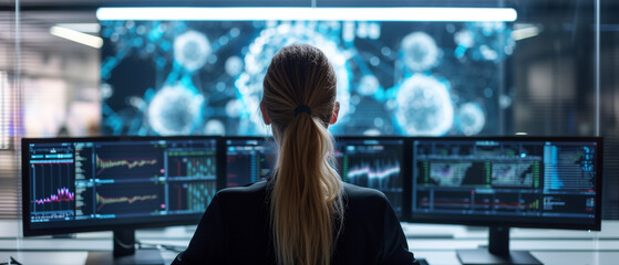 Wall Mural - rear view of businesswoman working on computer at night in office