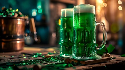 St. Patrick day, Green clover, Leprechaun drinking in a pub, pot of gold, green beer, lucky, viking, horns, helm, warrior