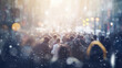 winter in the city, snowfall weather, people on the street in light snowflakes falling merry christmas mood abstract background of the city crowd at Christmas