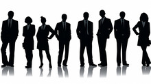 Silhouettes In A Row Of Business People Isolated On A White Background, A Silhouette Of A Group Of People Businessmen For Design And Layer Overlay