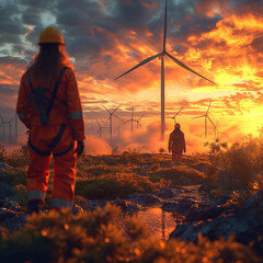 Wall Mural - Equipo de ingenieros de mantenimiento trabajando en un parque de aerogeneradores al atardecer.
Aerogenerador en granjas de construcción de molinos de viento. Concepto de energía renovable sostenible.