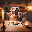 A humorous digital illustration of a dog seated at a dinner table set for a romantic evening, yet the dog is the only one there.